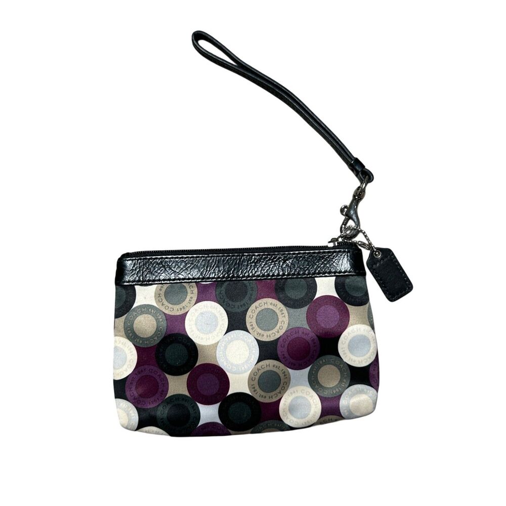Coach Signature Madison Multicolored Satin w Black Leather Trim Wristlet
